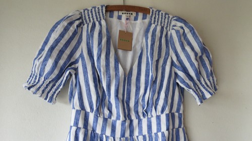 BNWT Boden Anna Linen Tiered Midi Dress Sz 14 R Blue Stripe - Picture 4 of 6