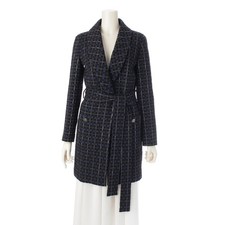 CHANEL Nylon Check Pattern Belted Gown outer coat P54357 blue 34