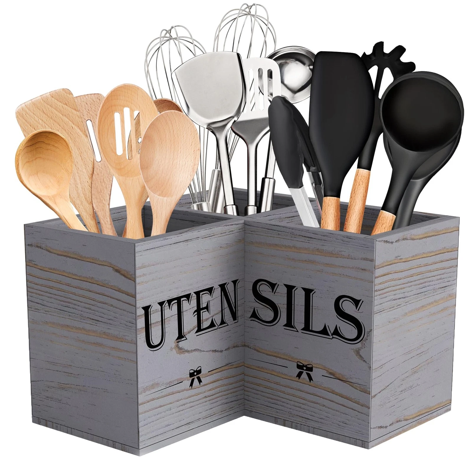 Extra Large Kitchen Utensils Holder with 3 Compartments,Corner Shelf,Wooden U...