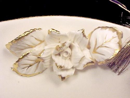 Cesta Lefton China Tazón Ovalado Plato de Caramelo Rosas Aplicadas Dorado Blanco - Imagen 3 de 5