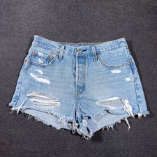 Levi's 501 Cut Off Shorts Women 29 Blue Distressed Denim Button Fly Frayed Hem