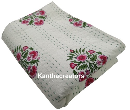Hand Block Printed Kantha Blanket Hand Stitch Cotton Throw Reversible Cold Quilt - Picture 2 of 6