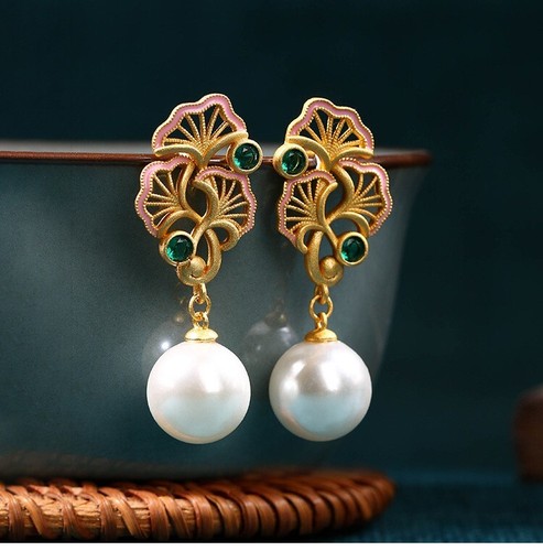 Jade Enamel Pearl Dangle Earrings Boho Flower Dainty Gemstone 18K Gold Plated - Picture 4 of 6