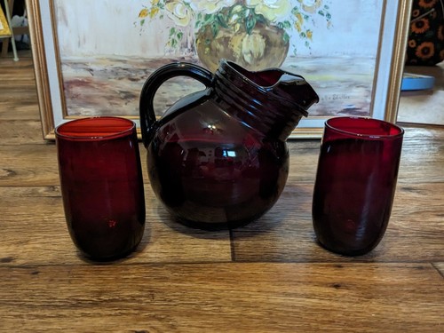 Vintage Anchor Hocking Ball Tilted Ruby Red Glass Juice Pitcher 2 Flat Tumblers - Picture 5 of 9