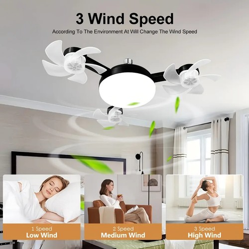 LED Smart Ceiling Fan Light - Modern 2-in-1 3 Head Black Fan, Remote Control - Picture 4 of 10