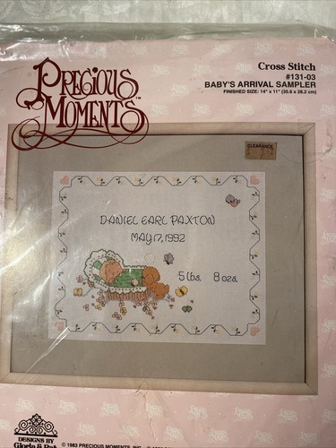 1983 VTG Counted Cross Stitch Kit Precious Moments Baby's Arrival Sampler 5225F - Picture 2 of 6