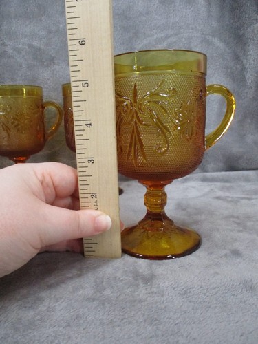 Indiana Tiara Tall Mug Set Sandwich Pattern Floral Footed Amber Glass 4 Piece - Picture 4 of 13