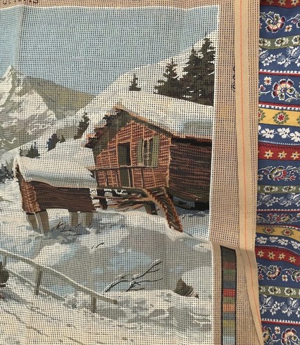 French Needlepoint Canvas cotton sled mountains alps chalet 31”x 24” Vintage - Picture 8 of 21