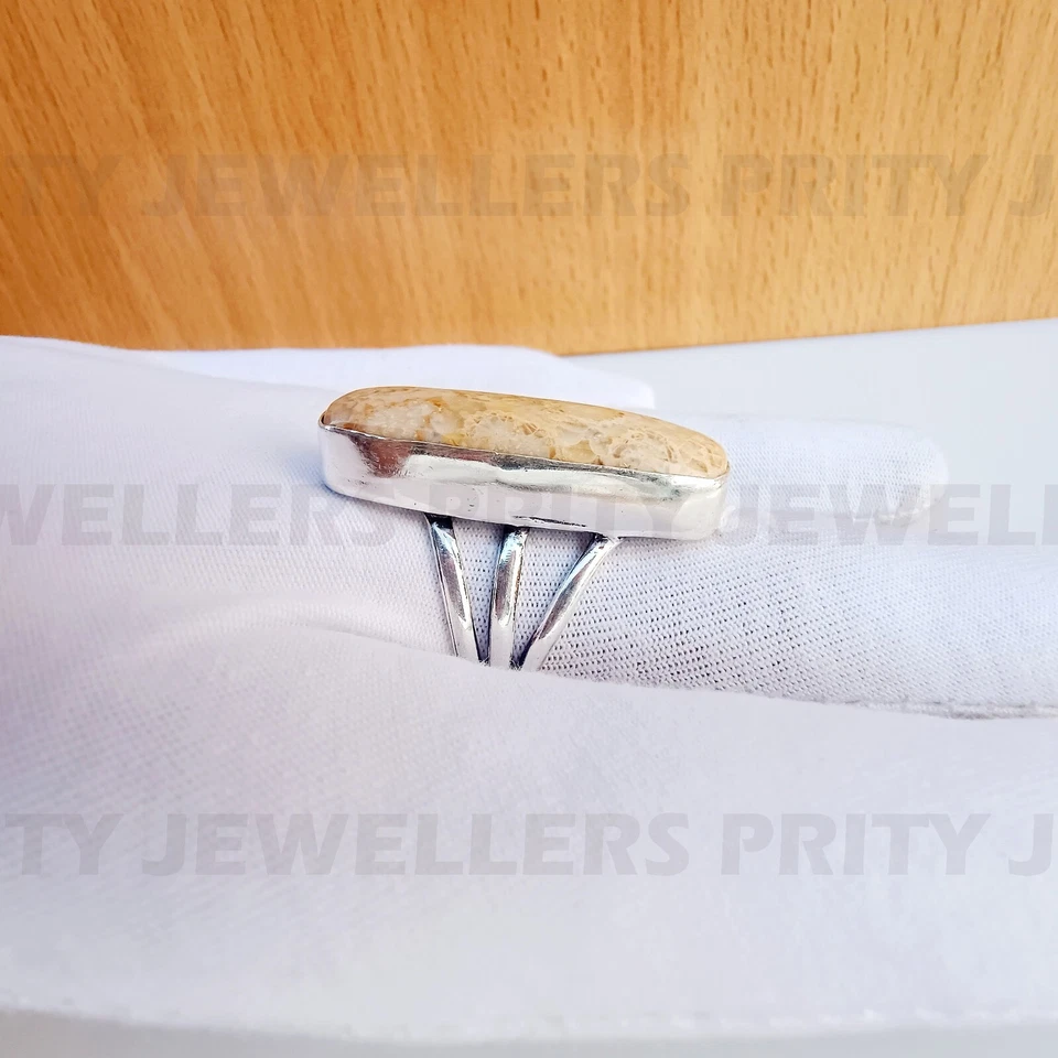 Anillo de plata de ley 925 con coral fósil indonesio natural, anillo unisex de piedras preciosas Foto 3 de 4