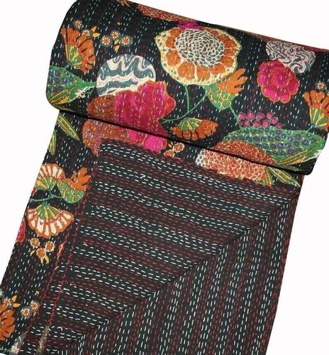 Vintage Kantha Quilt Indian Handmade Bedspread Cotton Throw Silk Soft Blanket - Picture 2 of 5