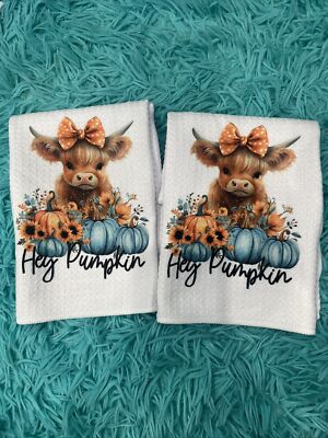 SET Of 2 Super Cut Highland Cows''Hey  Pumpkin '' Kitchen, Bath Towel 16x24