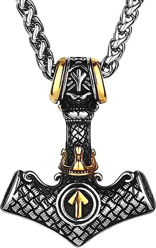 Men's Retro Viking Thors Hammer Valknut Mjolnir Pendant Stainless Steel Necklace - Picture 2 of 17