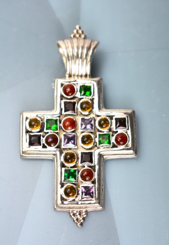 Cabujones de piedra preciosa 925 colgante de cruz vintage hechos a mano grandes - Imagen 5 de 7