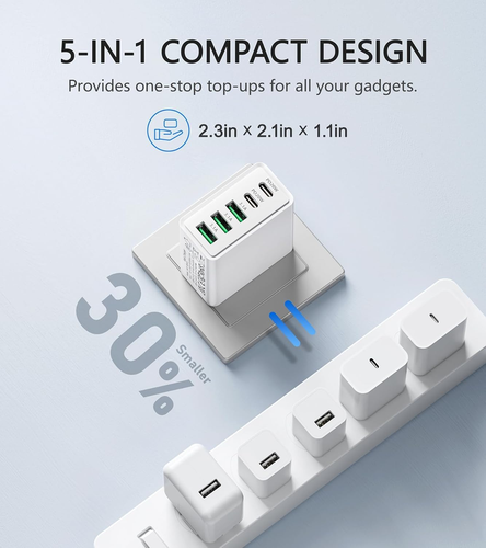 Chargeur Mural USB C 50W, Bloc de Charge Rapide 5 Ports, Prise Murale USB C Type C - Photo 6 sur 12