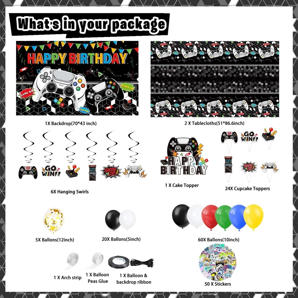 Decoraciones de fiesta de cumpleaños para jugadores - 174 piezas Videojuego en blanco y negro Foto 3 de 4