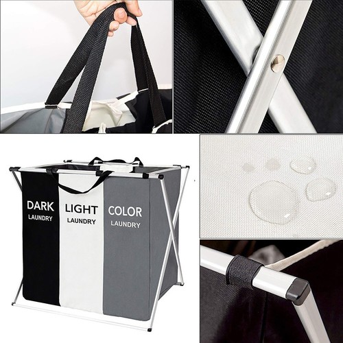 Large Laundry Basket 3 Section Foldable Dirty Clothes Hamper Storage Sorter Bag - Picture 7 of 17