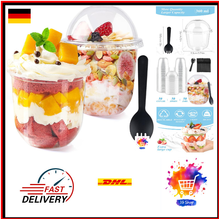 50 Mini Dessertgläser mit Deckel & Löffel – 360ml