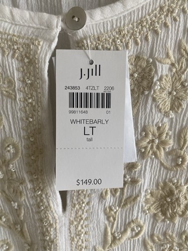 Abito lungo J Jill Whitebarly L/T bianco arricciato ricamato Lagenlook nuovo con etichette $149 - Foto 5 di 12