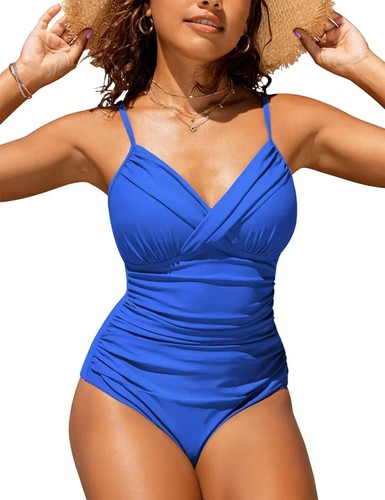 Women Plus Size One Piece Swimsuit Beach Swimwear Ruched High Waist Bathing Suit - Picture 34 of 60