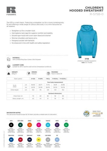 Russell Kids Hooded Sweatshirt 0R575B0 - Childrens Full Sleeve Plain Jumpers Top - Picture 2 of 39