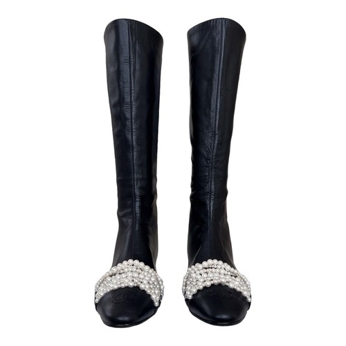 Chanel Cap Toe High Leather Boots with Pearls - Picture 4 of 13