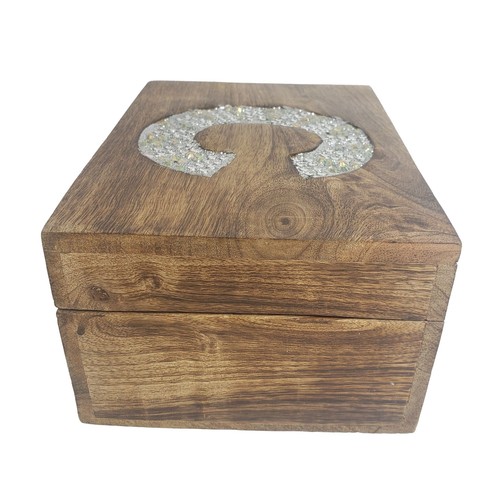 Wooden Jewelry Trinket Box Hinged Latch Rhinestone Inlay Initial C India 7" - Picture 10 of 11
