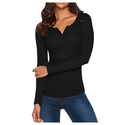 Women V Neck Bodycon Henley Shirts Long Sleeve Solid Button Down Basic Tops Tees - Bild 14 von 20
