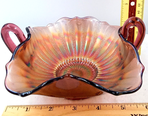 Fenton Amethyst Carnival Glass Bowl Bonbon Dish Handles Stippled Rays Ruffled - Picture 6 of 6