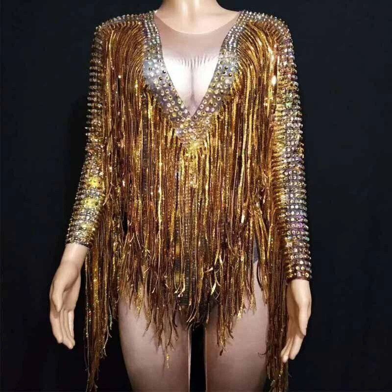 VETEMENTS Tuta sexy donna cristallo con frange collant costume nappe abito elasticizzato grande