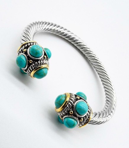 GORGEOUS 18kt Gold Plated Turquoise Stone End Tips Silver Cable Cuff Bracelet TQ - Picture 1 of 4