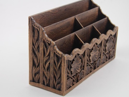 Mid Century Vintage Lerner Plastic Desk Letter Paper Organizer Carved Faux Wood - Picture 6 of 10