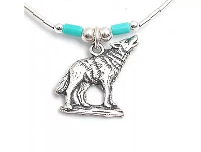 Authentic Native American Silver Wolf Necklace with Turquoise wolf 1.5cms tall