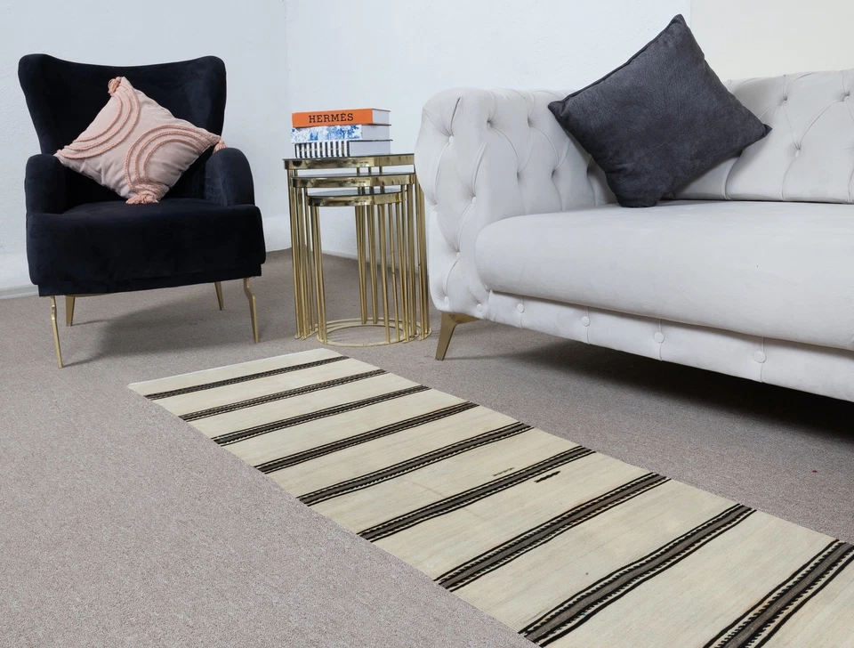 2.2x17.6 Ft Handmade Cream Narrow & Long Runner Kilim with Black & Gray Stripes - Image 2 of 4