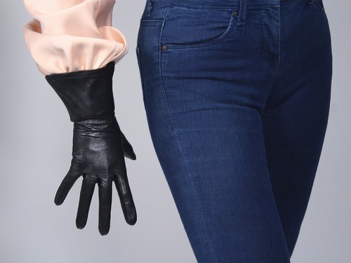 ECHT LEDER TECH LANGE HANDSCHUHE schwarz 11" 28cm Handgelenk breit Ballon Puffärmel  - Bild 9 von 12