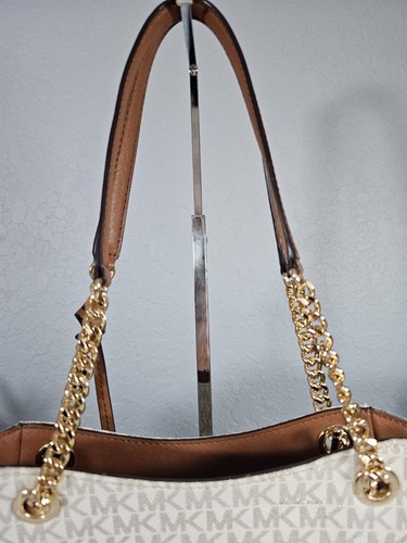 Michael Kors Jet Set Travel 2018 Large Chain Shoulder Tote Bag Vanilla PVC - Picture 5 of 18