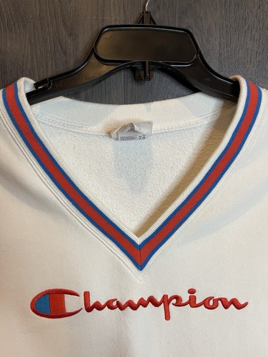 Champion Adult Sweatshirt Small White Heritage Embroidered Reverse Weave V-Neck - Picture 3 of 8
