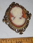 Gold Tone & Amber and Cream Avon Cameo Locket/Brooch *Opens - Contained Perfume,