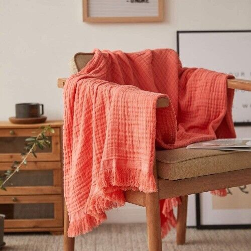 100% Cotton Winter Warm Blanket Sofa Solid Tassels Throw Blanket Soft Washed Bed - Picture 9 of 16