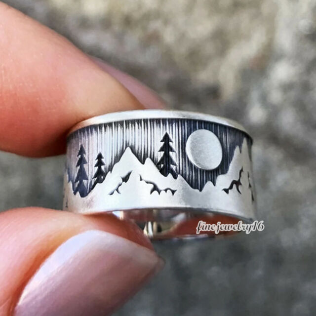 Mountain Ring 925 Sterling Silver Nature Band Ring Silver Forest Landscape Ring Mountain Ring 925 Sterling Silver Nature Band Ring Silver Forest Landscape Ring