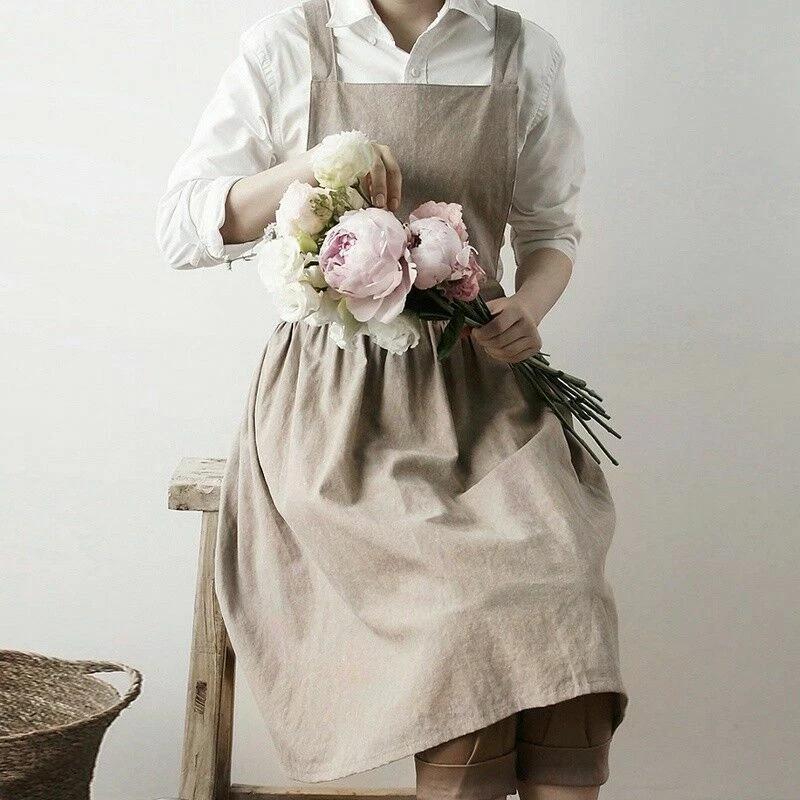 Mujeres Babero Delantales Algodón Lino Delantal Vestido Café Cocina Floristería Gris Foto 3 de 4