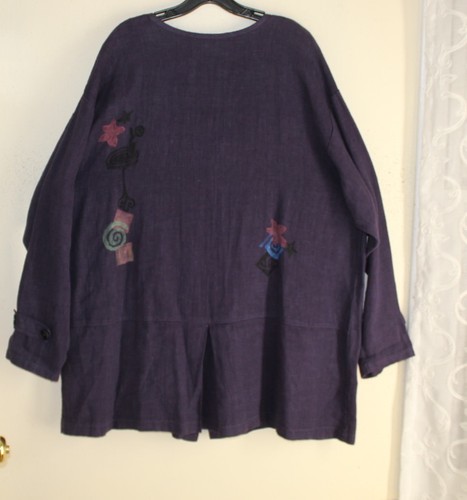 LUCY & IZZY HandPainted Linen Plum Purple Jacket Lagenlook Boho Artsy L XL 1X 2X - Picture 2 of 7