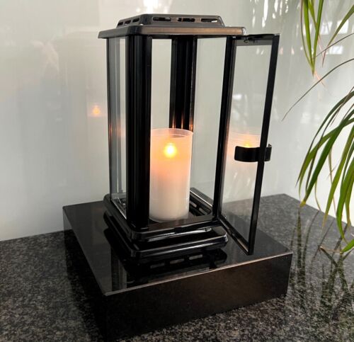 Edelstahl Grablaterne Vase Grablampe Grableuchte Grablicht Sockel Granit Schwarz - Bild 2 von 10