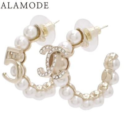Chanel Coco Mark Hoop Earrings Metal GP Fake Pearl Rhinestone