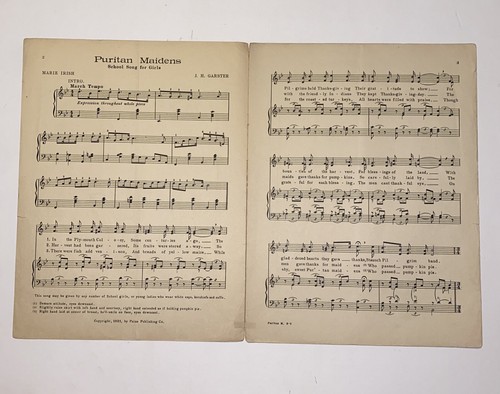 Antique 1921 Puritan Maidens Song For Girls Sheet Music by M. Irish & J. Garster - Picture 2 of 9
