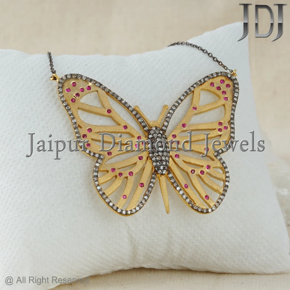 Collar de cadena con dije de mariposa de plata 925 con piedras preciosas de rubí de diamantes naturales joyería Foto 4 de 4