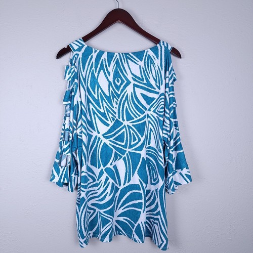 IC BY CONNIE K Teal White Printed Ladder Cut Sleeve Top Size Large - Picture 9 of 13