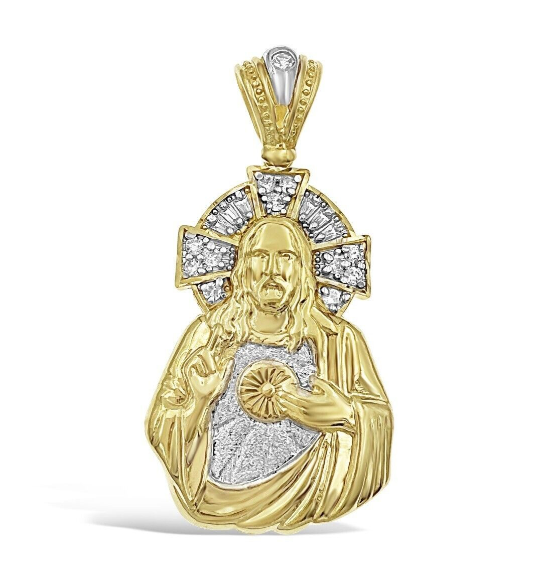 Sacred Heart of  Jesus Pendant Mens 10k Two Tone Gold  CZ Charm 1.9 inch