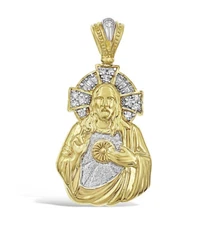Sacred Heart of  Jesus Pendant Mens 10k Two Tone Gold  CZ Charm 1.9 inch