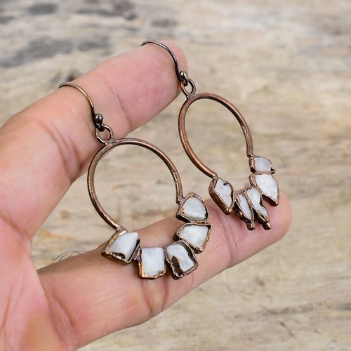 Rainbow Moonstone Rough Copper Electroformed Drop/Dangle Earrings 2.28" - Picture 5 of 6