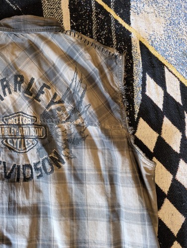 Harley-Davidson Mens 2XL Gray Plaid Blowout Sleeveless Shirt Winged Logo On Back - Picture 15 of 16